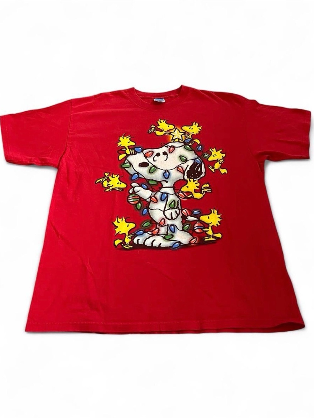 Vintage Snoopy Peanuts Woodstock Christmas Lights Red T-Shirt Size XL